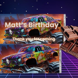 Monster Truck Chocolate Wrapper Template - Customizable Party Favor - Digital Download for Birthday Celebrations -Editable Wrapper