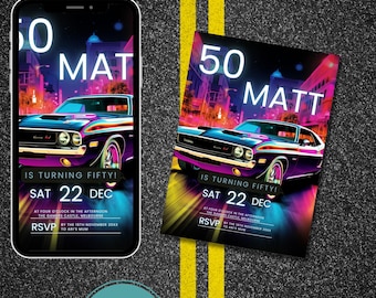 Invitación de cumpleaños de Muscle Car clásico - Invitación a fiesta de coches antiguos - Plantilla digital imprimible - Descarga instantánea