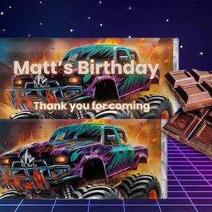 Monster Truck Chocolate Wrapper Template - Customizable Party Favor - Digital Download for Birthday Celebrations -Editable Wrapper
