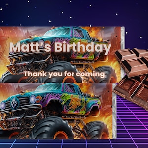 Monster Truck Chocolate Wrapper Template - Customizable Party Favor - Digital Download for Birthday Celebrations -Editable Wrapper