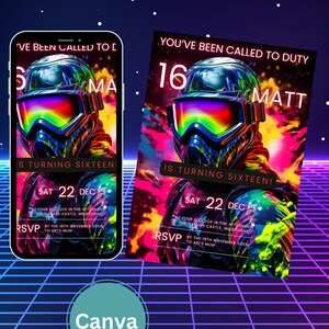 Puede incluir: Una invitación colorida para una fiesta de cumpleaños número 16. La invitación presenta a una persona con un casco negro y verde neón con una visera arcoíris. El texto de la invitación dice "You've been called to duty 16 Matt is turning sixteen! Sat 22 Dec. at four o'clock in the afternoon. The Gamers Castle, Melbourne. RSVP by the 16th November 20XX to Ari's Mum."