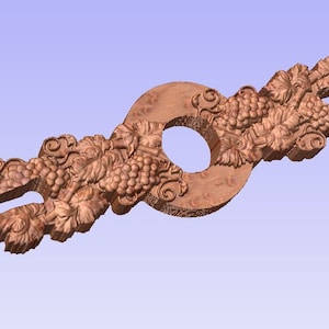 May include: A wooden decorative piece with a circular cutout and grapevine designs. The piece is carved with intricate details, including leaves, grapes, and swirls.