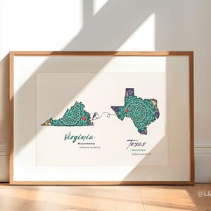 moving out family prints DIGITAL Two States Linked Heart Map, Mother's birthday Gift, Custom Long-Distance Map for mom Digital mandala maps
