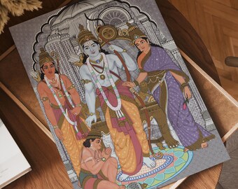 May include: A rectangular art print featuring a detailed illustration of four figures in traditional attire, including a central blue-skinned deity, a female figure in a purple sari, a male figure in orange, and a kneeling figure, with the text Lucky Pixels 28.