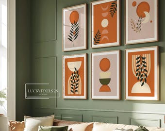 Earthy Terracotta Wall Art Set 6, Orange & Green Boho Prints, Abstract Sun and Moon Gallery Wall Set, Modern Mid Century Digital Prints