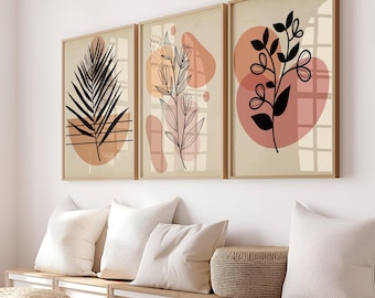 Boho Wall Art Set of 3, Digital Download Prints, Abstract Botanical Line Art, Terracotta Neutral Printables, Abstract Gallery Wall Art