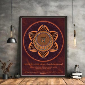 May include: A digital illustration of the sacral chakra, also known as Svadhisthana, with a mandala design in orange and black on a dark red background. The Sanskrit symbol for the chakra is in the centre of the mandala. The text below the mandala reads "SACRAL CHAKRA (Svadhisthana)" and includes information about the chakra's location, affirmation, and meaning.