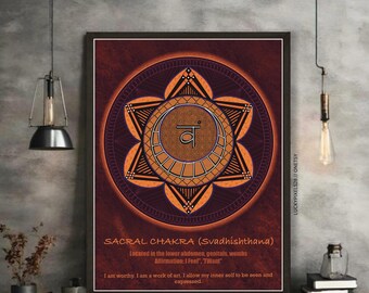 May include: A digital illustration of the sacral chakra, also known as Svadhisthana, with a mandala design in orange and black on a dark red background. The Sanskrit symbol for the chakra is in the center of the mandala. The text below the mandala reads "SACRAL CHAKRA (Svadhisthana)" and includes information about the chakra's location, affirmation, and meaning.