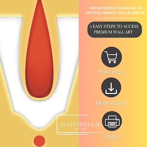 May include: A digital download of a printable wall art design featuring a stylized image of a red teardrop shape within a yellow and white geometric design. The text "LUCKY PINELS 28 ART STUDIO" is at the bottom of the image. The image is accompanied by instructions for purchasing, downloading, and printing the design.
