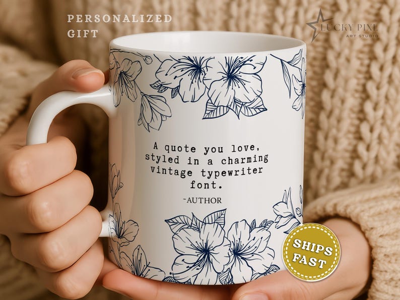May include: A white ceramic mug featuring a dark blue floral line art pattern. The center displays the text: A quote you love, styled in a charming vintage typewriter font. -AUTHOR. The mug has a curved handle and a smooth, glossy finish.
