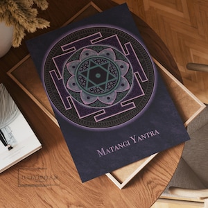 Puede incluir: Una impresión azul oscuro con un diseño de mandala rosa y morado. El mandala está rodeado por un cuadrado con un patrón geométrico. El texto "Matangi Yantra" está impreso en morado en la parte inferior de la impresión.