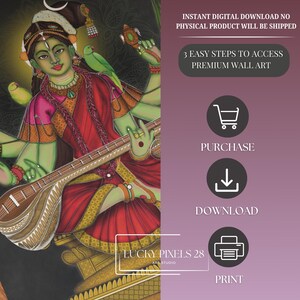 May include: Digital download of a colorful painting of a Hindu goddess playing a sitar. The painting is in a traditional Indian style with intricate details. The text "LUCKY PIXELS 28 ART STUDIO" is at the bottom of the image.