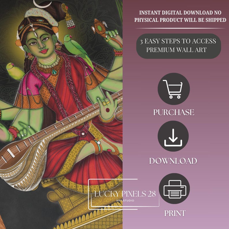 May include: Digital download of a colorful painting of a Hindu goddess playing a sitar. The painting is in a traditional Indian style with intricate details. The text "LUCKY PIXELS 28 ART STUDIO" is at the bottom of the image.