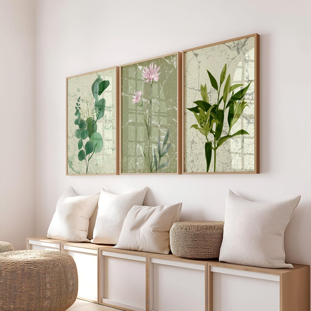Green Floral Art Prints: Boho Home Decor Set of 3 (PDF) - Etsy