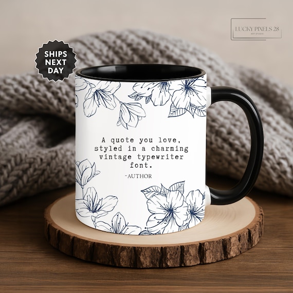 Custom Quote Mug | Linocut Style Peonies Coffee Cup | Personalized Book Quote Mug, Floral Quote Mug 11&15oz