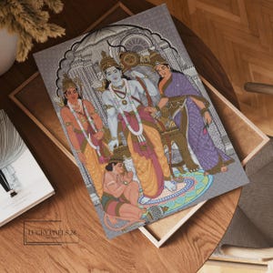 May include: A colourful painting depicting a group of four figures in traditional Indian clothing. The central figure is a man with a blue face and a yellow and orange robe. He is surrounded by three other figures, including a woman in a purple robe and a man in a green robe. The painting is set against a background of a detailed architectural structure.