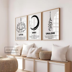 3 Piece Set Lotus -Enso- Unalome, Printable Digital Download, Zen symbols Meaning Decor, Mindful Art Poster, Spiritual Abstract Design