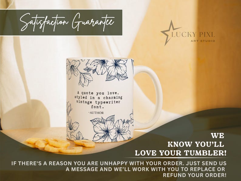 May include: A white ceramic mug featuring a dark blue floral line art pattern. The text on the mug reads: A quote you love, styled in a charming vintage typewriter font. -AUTHOR. The mug has a handle on the right side and a smooth finish.