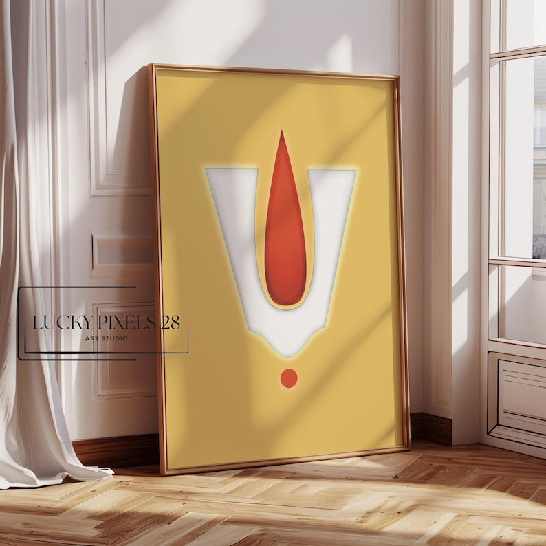 May include: A digital art print featuring a stylized depiction of the Sri Chakra symbol in red, white, and yellow on a yellow background. The print is framed in a wooden frame.