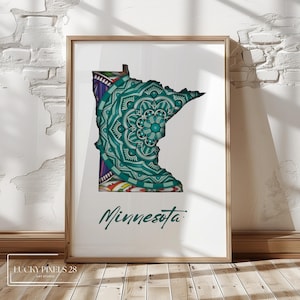 Mappa del Minnesota disegnata a mano: design mandala color turchese (download digitale)