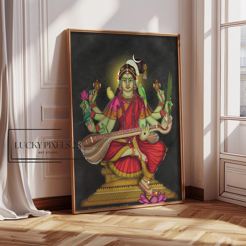 May include: A colorful painting of a Hindu goddess playing a veena, a traditional Indian string instrument. She has four arms and is adorned with flowers and jewelry. The background is dark green and the painting is framed in gold.