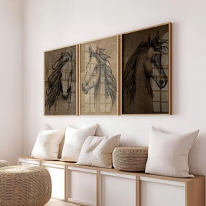Vintage Horses Set of 3 Digital Art, Wall Art Print, Farmhouse Animal, Farm Drawing, Horse Lover Gift, Digital Download, Pair Of 3 Prints