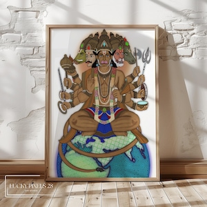 Lord Panchmukhi Hanuman, Digital Printable Art, Hanuman Ji Art, Home Decor, Instant Download, Hinduism, Vedic Ramayan, Hindu Spiritual God