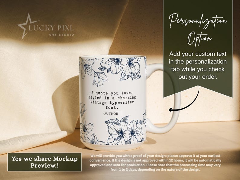 May include: A white ceramic mug featuring a dark blue line art floral pattern and the text: A quote you love, styled in a charming vintage typewriter font. -AUTHOR. The mug includes a handle on the right side and a customizable design area.