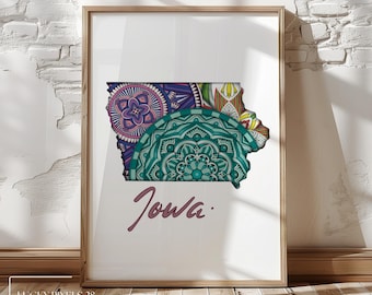Iowa Karte Kunstdruck: Modernes Mandala Design (Digitaler Download)