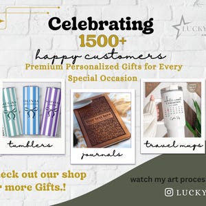May include: A promotional graphic featuring the text Celebrating 1500+ happy customers. It displays three framed images: striped tumblers with names, a brown journal with an intricate floral cover, and a white travel mug with a calendar print.