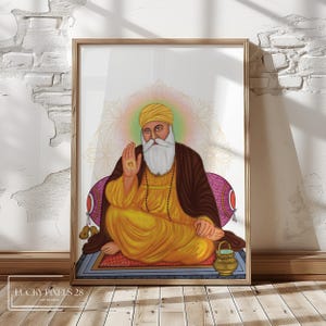 以下が含まれることがあります： 黄色いターバンと茶色のローブを着たシク教のグルの肖像画。グルは、金の壺が置かれた玉座に座っている。