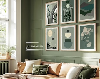 Boho Geometric Wall Art Prints, Green & Black Set (Digital Download)