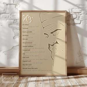 Könnte beinhalten: Ein beiger Poster mit schwarzem Rahmen zeigt ein stilisiertes Porträt eines Mannes mit Turban. Der Poster enthält Text in brauner Schrift, der mit "Ik onkar" beginnt und mit einer Reihe von Textzeilen in englischer Sprache fortgesetzt wird.