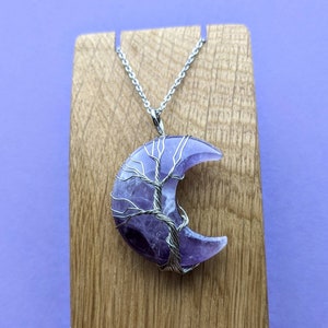 Amethyst Natural Stone Moon Phase Crystal Healing Tree of Life Necklace!