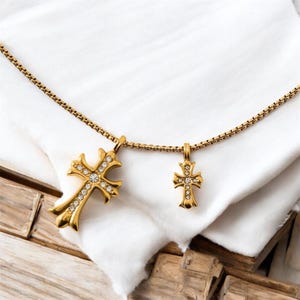 Gold Plated Double Cross Necklace: Y2K Gothic Pendant, Adjustable