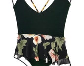 Zelnatt Swimwear, One-Piece Skirted Bathing Suit, Hunter Green Floral Swimsuit, Unique Handmade.