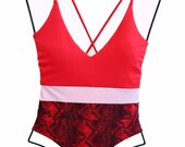 Zelnatt Swimwear, One-Piece Bathing Suit, Red-Skin Pink Ibis Cross Back Swimsuit, Handmade Women 39 s Beachwear.