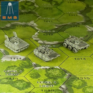 APCs mixed light transports (3 models) by Sir Mortimer Bombito, SMB. 6mm, 1/285 scale 3d printed mini.