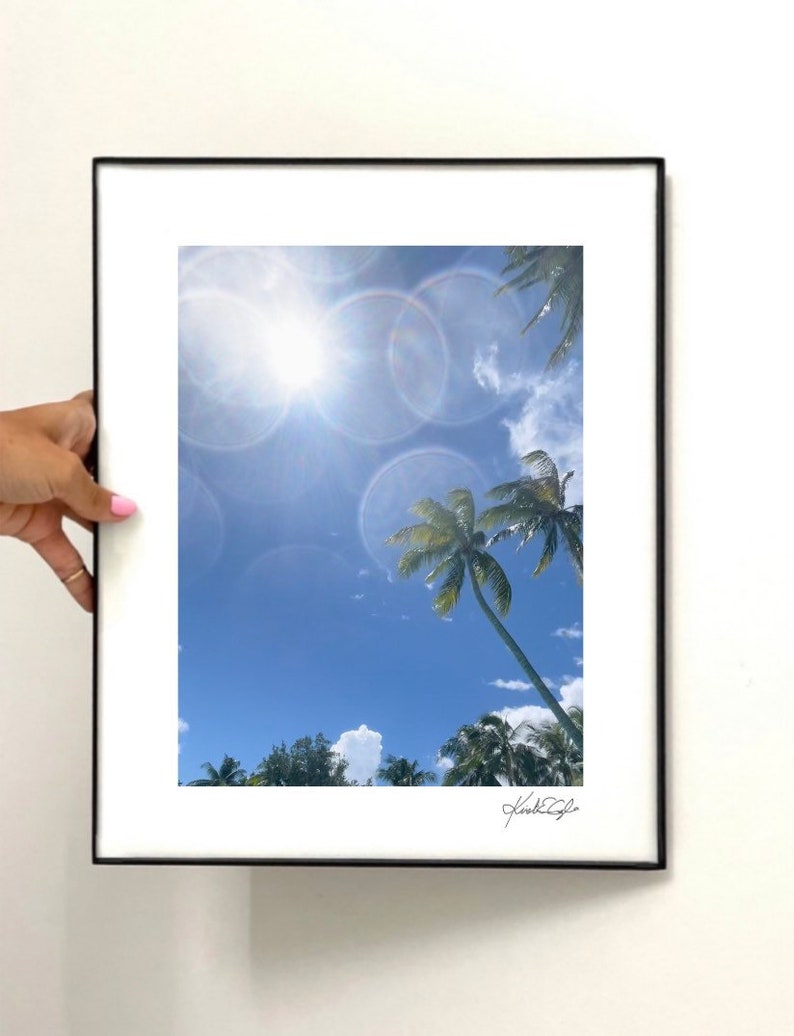 Puede incluir: Impresi&oacute;n enmarcada que presenta una escena tropical soleada. La imagen captura un cielo azul brillante con los rayos del sol y destellos. Se ven palmeras, lo que se suma al ambiente tropical. La impresi&oacute;n est&aacute; en un marco negro.