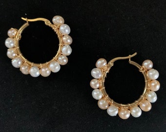 Handcrafted White and Champagne Freshwater Pearl Earrings by Pagari