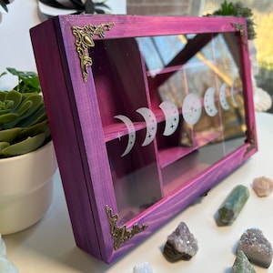 Lunar Phases Wooden Storage Box with Glass Lid - Customizable Compartments/Moon Phases - Tarot Card Deck - Witchy Home - Crystal Storage