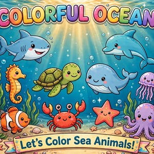 Ocean Animal Coloring Pages for Kids, 10 Sea Creatures with Examples (Digital Download)