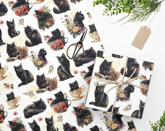 Black Cat wrapping paper roll, cat mom gifts for cat lovers, cute cats gift wrap for birthday, crazy cat lady, kitty cat party supplies