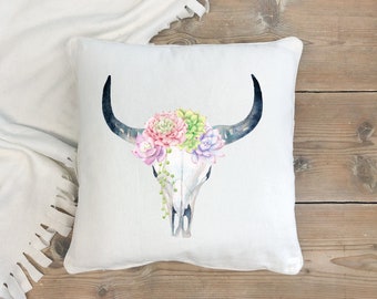 cow skull with flowers throw pillow cover, boho throw pillow cover, cow skull decor, cow skull cactus, living room rustic farmhouse decor