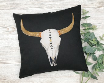 cow skull with moon phases black throw pillow cover, country living room decor,