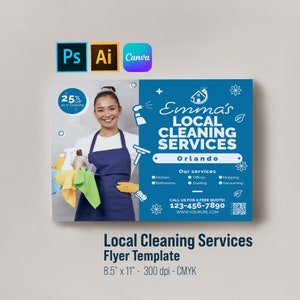 Mall för flygblad för lokal städservice | Redigerbar | Horisontell | Adobe Illustrator, Photoshop och Canva | 20 x 28 cm | liggande