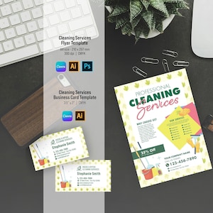 Flyer för städservice + visitkortsmall | Redigerbar | Utskrivbar | Adobe Illustrator och Canva | A4-storlek | 3,5 x 2 tum | Direktnedladdning
