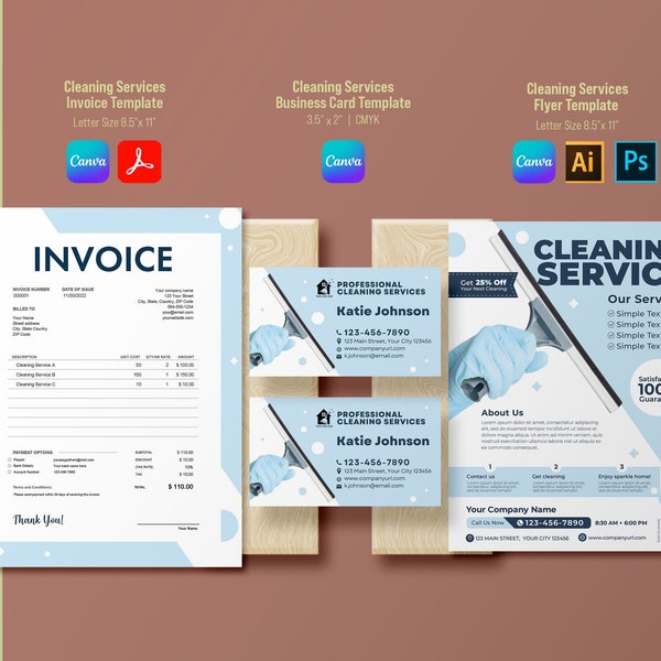 Cleaning Service Flyer (Letter size) + Business Card (3.5”x2” ) + Invoice (Letter size) Template | Editable | AI | Psd | Canva | Fillable