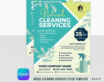 May include: A flyer advertising natural house cleaning services. The flyer features a green and white colour scheme with a house icon, leaves, and a spray bottle. The text on the flyer reads "Natural Cleaning Services", "Get 25% off your 1st Services", and "Why Choose Us?" The flyer also includes a phone number and website address.