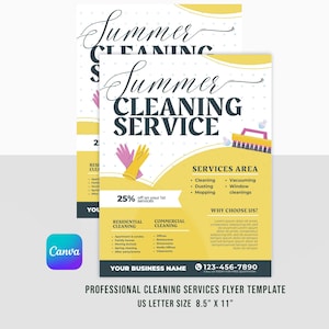 Plantilla de volante de servicio de limpieza profesional de verano / Canva / Tamaño carta 8.5" x 11" / Descarga instantánea / Empresa de limpieza / Negocio limpio